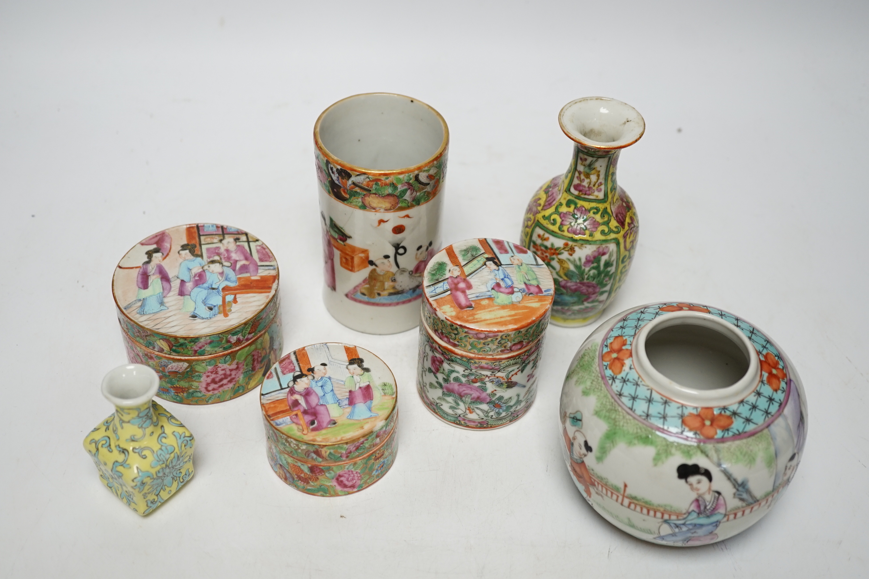 Seven 19th/20th century Chinese enamelled porcelain vases, boxes or jars